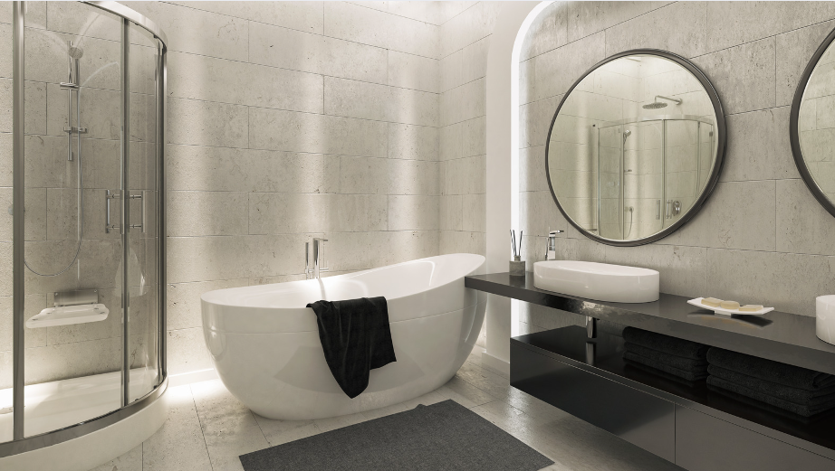 Ristrutturazione bagno moderno con arredi minimalisti, lavabo sospeso e doccia con parete in vetro trasparente, esempio di ristrutturazione bagno elegante e funzionale.